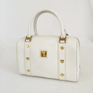 MCM White Leather Boston Bag Satchel Purse Gold Tone
